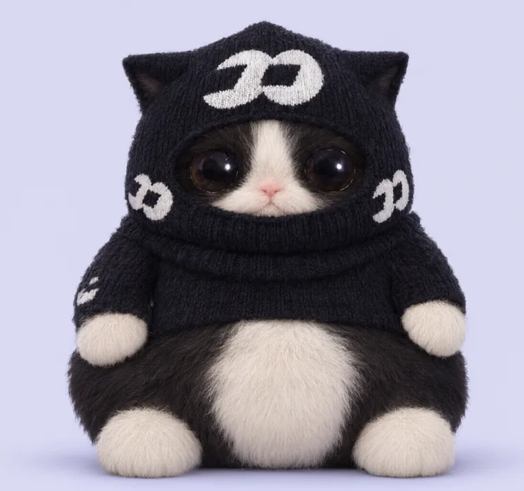 Fomo Macro, a round tuxedo kitten in a black knit cat-ear balaclava